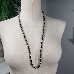 Dobbs Black Onyx & .925 Sterling Silver Beads Long Single Strand Vintage
